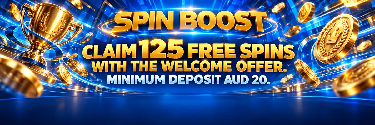 Glowing metallic coins orbit a bright free-spins promotion panel beside a large trophy.